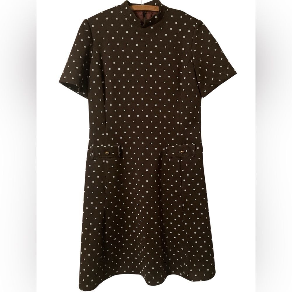 Vintage Polyester Dress Size M Stephan Casuals Polka Squares Retro A Line Brown
